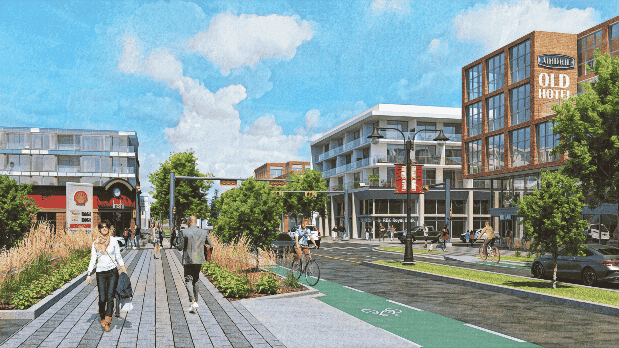 Airdrie Alberta cityscape with streets and modern buildings