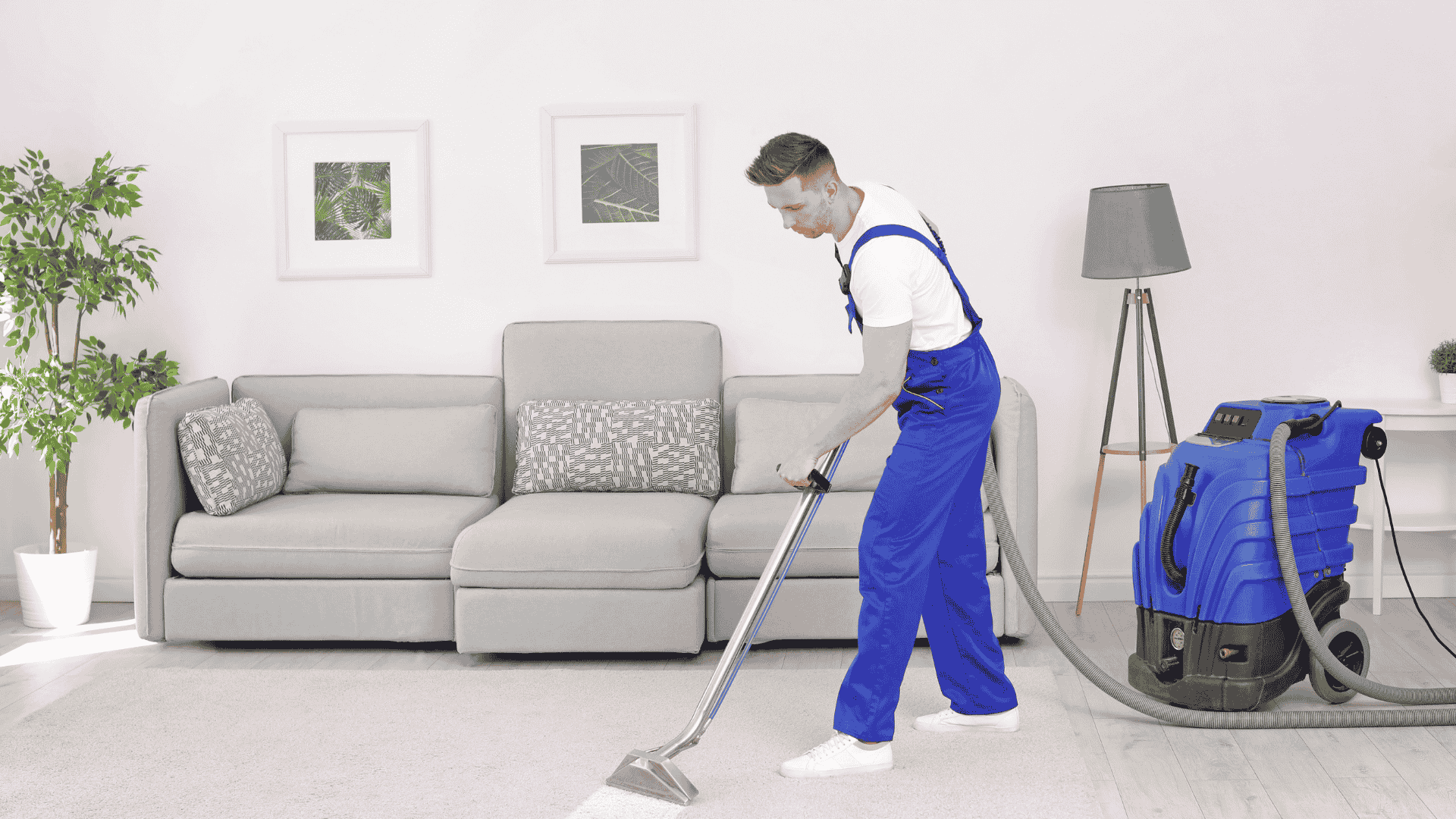 professional vacuuming sofa in clean living room