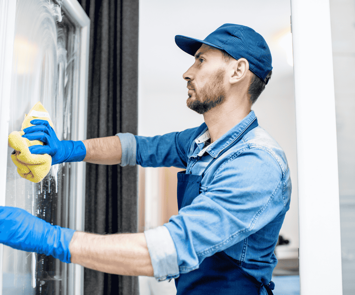 professional cleaner wiping glass window with cloth and gloves