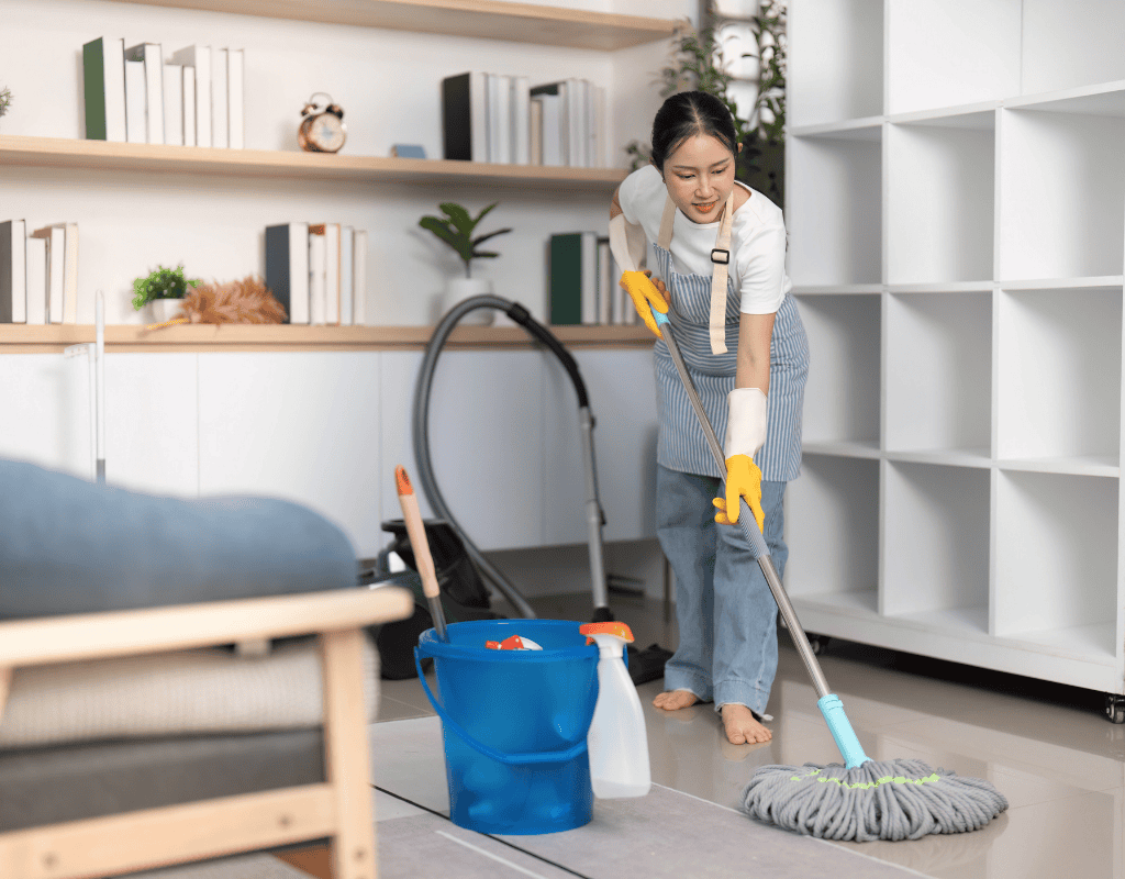 bright clean home interior with tidy kitchen and open space